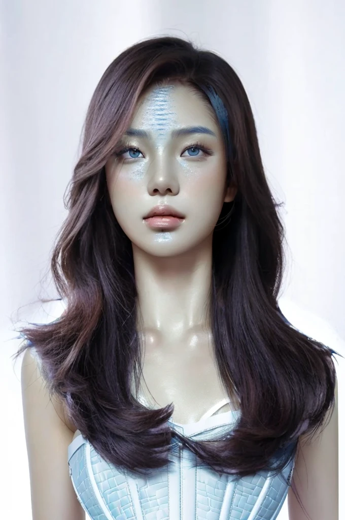 Best Quality, 8k, Masterpiece, (Portrait: 1.3), (photo realistic:1.2), (hyper realistic:1.7), Sharp Focus, looking at viewer, (smoother lighting:1.0), (increase cinematic lighting quality:0.9), realistic lighting, backlighting, light on face, ray trace, (brightening light:1.0), (Increase quality:1.4), sharp detail, (best quality real texture skin:1.9), finely detailed eyes, black_eyes, finely detailed face, 27 year old Korean woman, (white blue bustier:1.4), (Create an image maintaining the original base model hairstyle:1.5), not like AI, like reality human