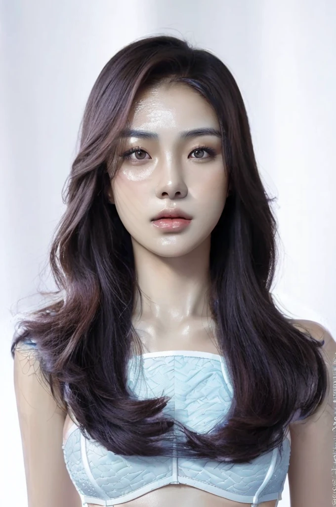 Best Quality, 8k, Masterpiece, (Portrait: 1.3), (photo realistic:1.2), (hyper realistic:1.7), Sharp Focus, looking at viewer, (smoother lighting:1.0), (increase cinematic lighting quality:0.9), realistic lighting, backlighting, light on face, ray trace, (brightening light:1.0), (Increase quality:1.4), sharp detail, (best quality real texture skin:1.9), finely detailed eyes, black_eyes, finely detailed face, 27 year old Korean woman, (white blue bustier:1.4), (Create an image maintaining the original base model hairstyle:1.5), not like AI, like reality human