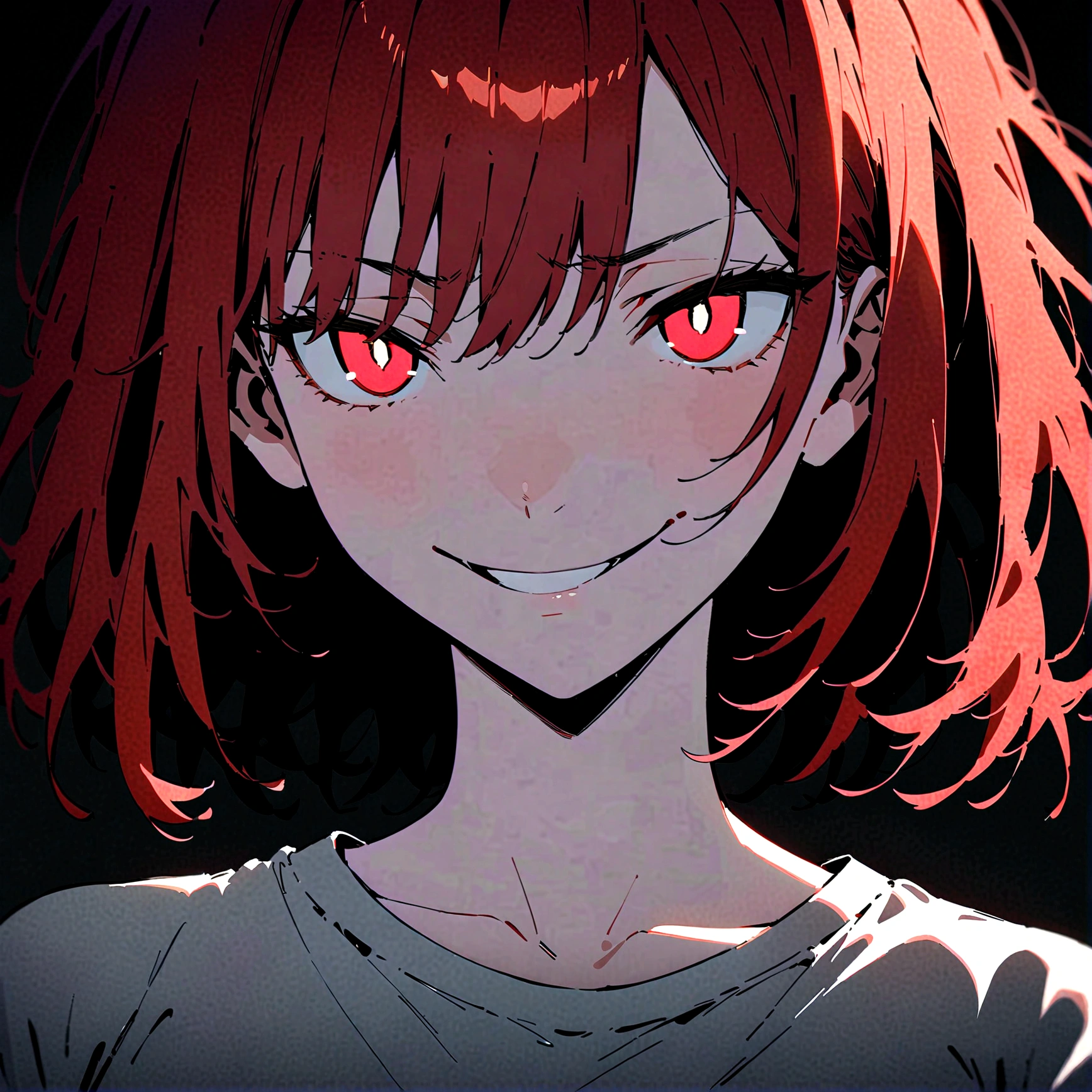 (Masterpiece:1.2, Best Quality), 1 woman, whole body, T-shirt, Casual, big breasts,long red hair, minimal makeup,pale,Natural fabrics, closeup face, evil smile, bright red eyes circular pupils,high UHD resolution, detailed lines, ((whole body))