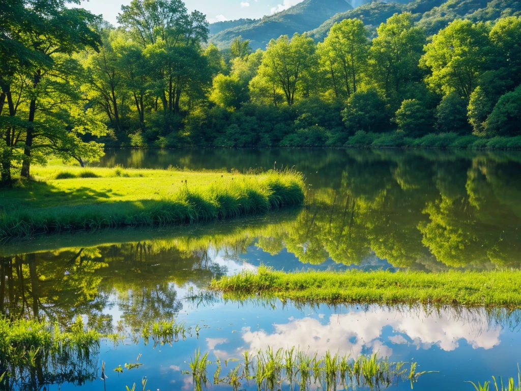 a serene lakeside landscape, still lake reflecting the sky, lush green forest surrounding the lake, sun shining through the trees, beautiful detailed clouds in the sky, (best quality,4k,8k,highres,masterpiece:1.2),ultra-detailed,(realistic,photorealistic,photo-realistic:1.37),landscape,nature,tranquil,picturesque,vibrant colors,dynamic lighting,dramatic shadows,stunning scenery