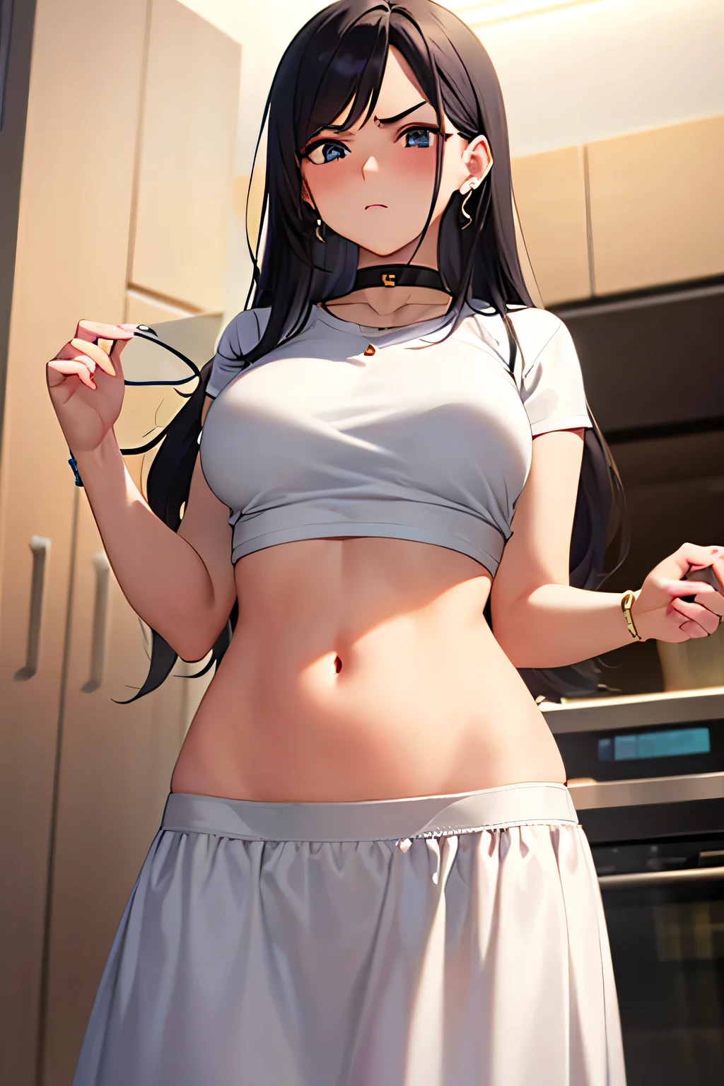 super fine illustration, vibrant colors, masterpiece, sharp focus, best quality, depth of field, cinematic lighting, ultra detailed, cropped t shirt, white skirt, ruffled skirt, navel, belly button, tummy, wide hips, 1 woman, solo, milf, very messy hair, very long hair, slender, blush, annoyed, mature female, tall woman, looking down, v-shaped eyebrows, medium breasts, black hair, kitchen, earring, bangle, stomach, choker, necklace
