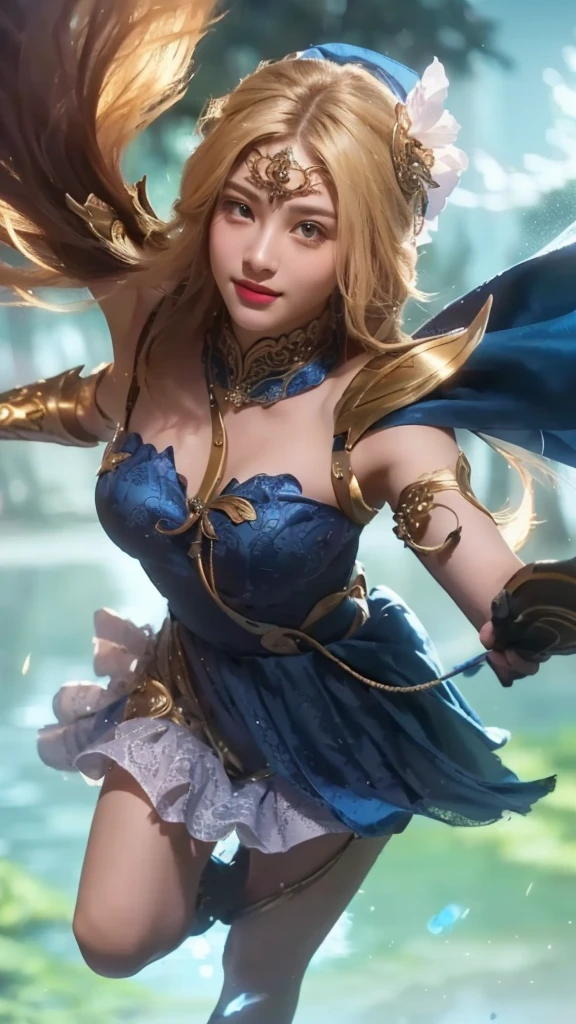 a young girl in a blue dress, holding a sword and a blue ball, beautiful detailed eyes, beautiful detailed lips, extremely detailed face, long eyelashes, smile, realistic, photorealistic, 8k, highres, masterpiece, ultra-detailed, (best quality:1.2), (realistic:1.37), cinematic lighting, fantasy, dramatic, epic, intricate details, cinematic, fantasy art style, vibrant colors, glowing blue energy