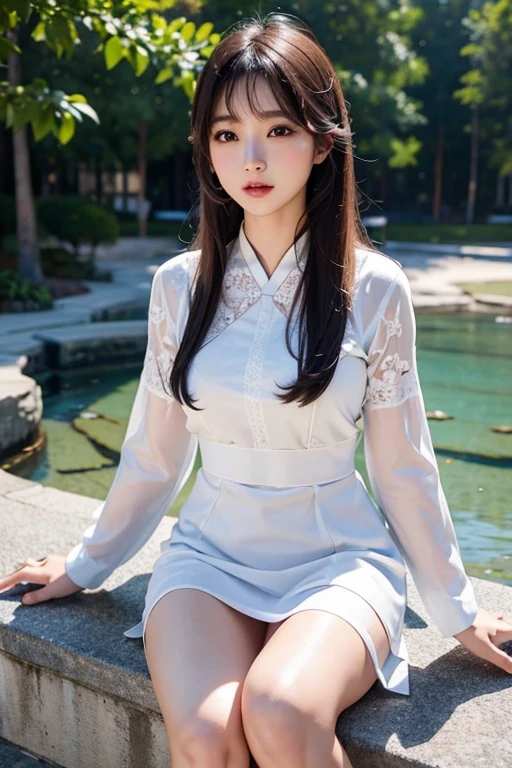 1 girl, Korean model, extremely beautiful, perfect body. Photo taken with Canon EOS R5 85mm f/11 Camera, ((sharp)) mode of people and surrounding scenery. Image quality ((8K)), ((lifelike)), ((masterpiece)), ((sharp and highest contrast)), ((great depth of field)), ((light stereolithography)). Cô gái được trang điểm mô phỏng 1 nữ hoàng xinh đẹp, quý phái. Ảnh cận cảnh khuôn mặt.