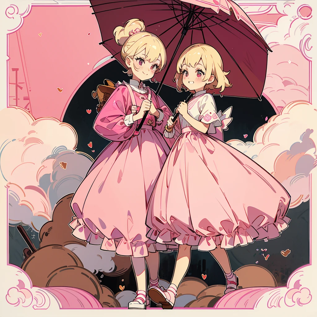 has blonde hair, with some brown highlights, besides wearing a pink vintage dress, and carries a bag with several explosives and a pink umbrella. wear a pink skirt, and a pink heel, besides wearing a lot of makeup, besides having a very mischievous smile