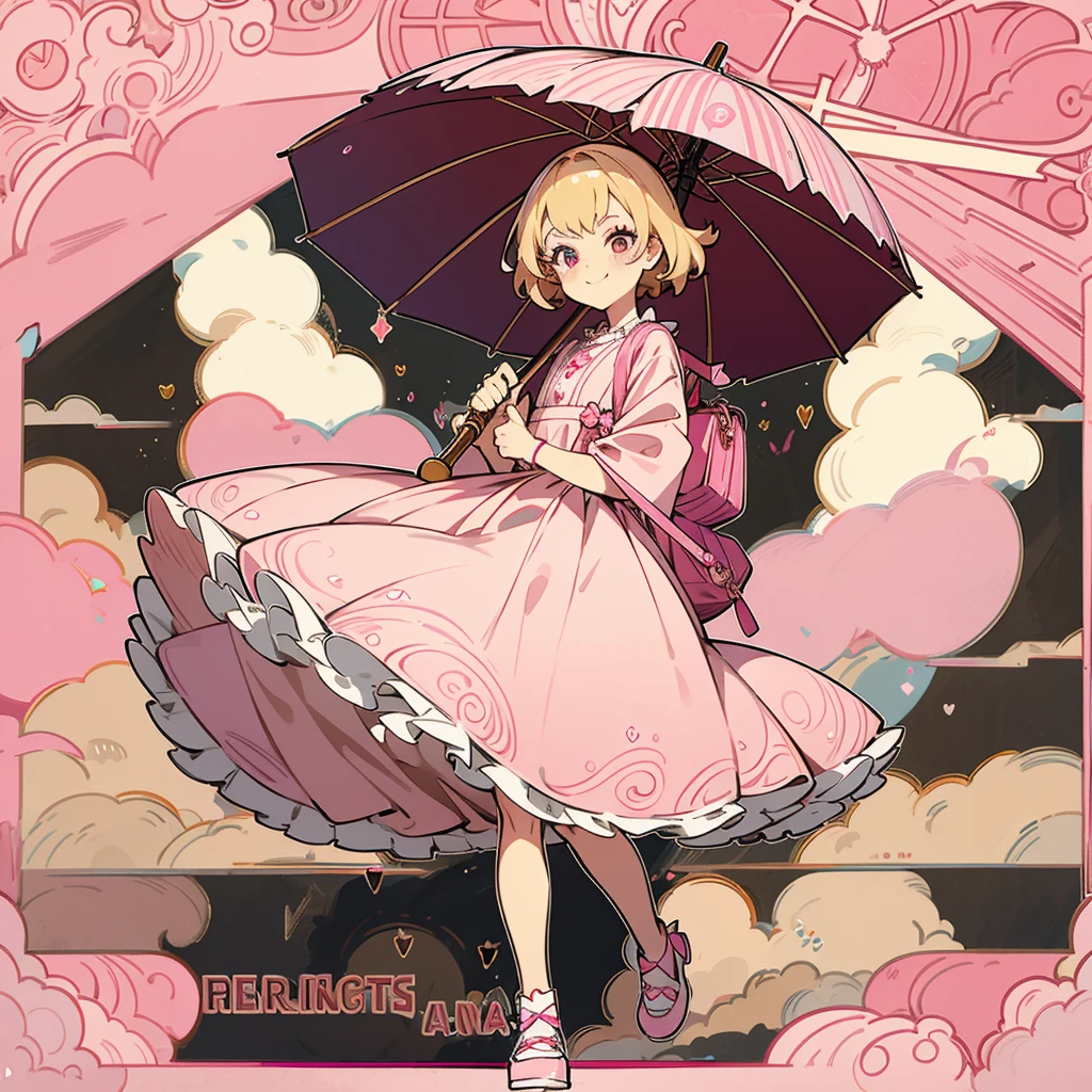 has blonde hair, with some brown highlights, besides wearing a pink vintage dress, and carries a bag with several explosives and a pink umbrella. wear a pink skirt, and a pink heel, besides wearing a lot of makeup, besides having a very mischievous smile