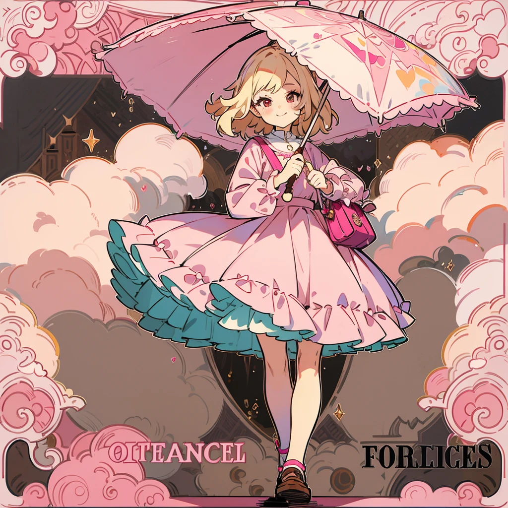 has blonde hair, with some brown highlights, besides wearing a pink vintage dress, and carries a bag with several explosives and a pink umbrella. wear a pink skirt, and a pink heel, besides wearing a lot of makeup, besides having a very mischievous smile