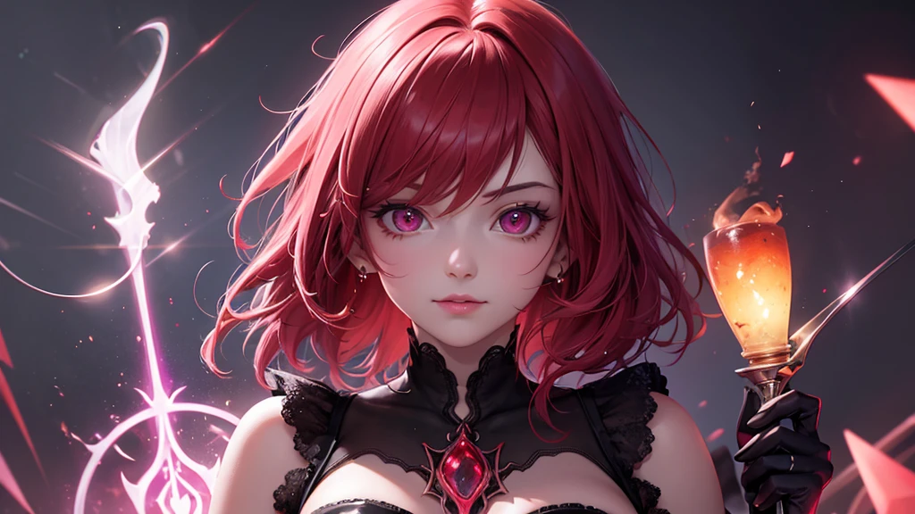 A red necromancer, blood moon, ray tracing, work of art, best qualityer, ultra quality, absurd details, best Lumiere, best shade, Spitz, Spitz image, detailded, extremely detailded, great resolution, 8K, 4K, ultra HD, particle effects, beautiful effects, bright coloured, neon Lumiere, neon, Lumiere,