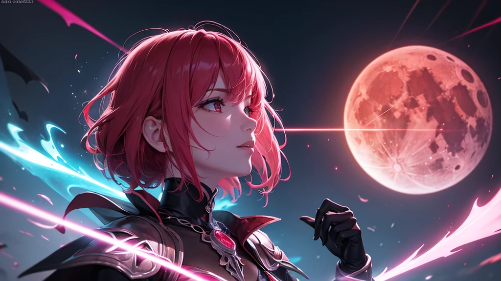 A red necromancer, blood moon, ray tracing, work of art, best qualityer, ultra quality, absurd details, best Lumiere, best shade, Spitz, Spitz image, detailded, extremely detailded, great resolution, 8K, 4K, ultra HD, particle effects, beautiful effects, bright coloured, neon Lumiere, neon, Lumiere,