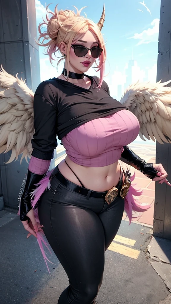realisticlying,22yo girl,Blonde short、big body, sexy lingerie lace black ,perfect eyes, hair bunches、very very long hair, ultradetailed hair, body nylon sexy, Breasts enlarged、 big body, blonde, woman 1.90 CM,ponytail, ((hair over eyes)),perfect mouth, massive big bounce oppai, WET SKIN, (masterpiece, best quality:1.2), 1girl, solo, city background, haze \(fortnite\), Harpy Haze From fortnite, 1girl, earrings, glasses, hat, jewelry, lips, long hair, looking at viewer, makeup, nail polish, pink eyes, pink hair, pink nails, smile, sunglasses, tinted eyewear, belt, black pants, crop top, eyeshadow, midriff, navel, pants, choker, fingernails, round eyewear, sharp fingernails, standing, black feathers, black headwear, hoop earrings, horned headwear, horns, denim, winged arms, feather trim, star \(symbol\), elbow gloves, dark pink lips, feathers, heels, shoes, angel wings, bangle, black wings, crop top overhang, feathered wings, harpy, low wings, multicolored hair, multicolored wings, pink wings, wings, fingerless gloves, shirt, long fingernails, boater hat, bootcut pants, leather pants, sleeves, black sleeves,massive big bounce oppai,massive big bounce oppai,massive big bounce oppai,
