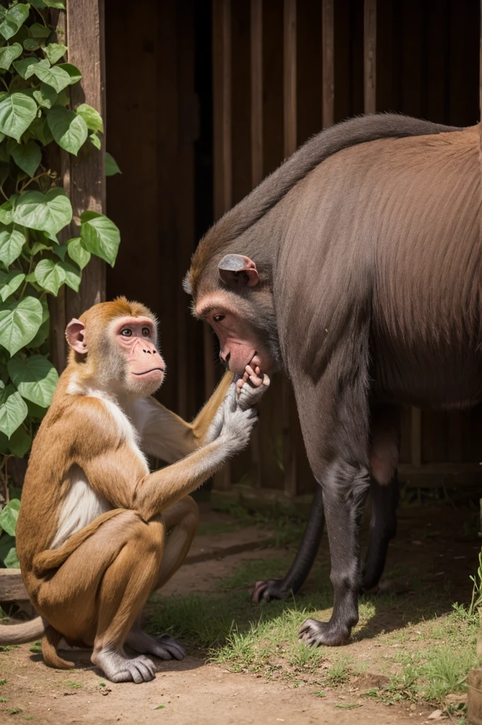 Monkey urinating on an ox
