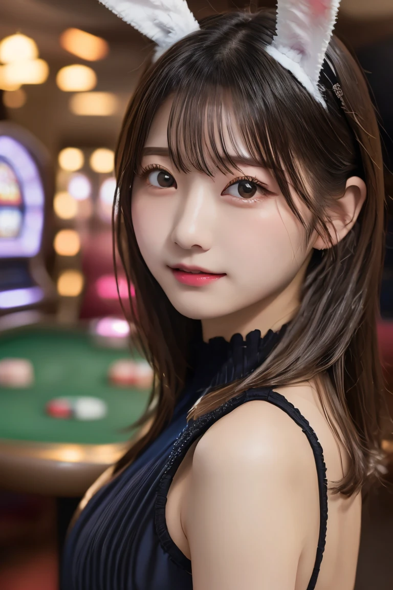 (Realistic, Photorealistic: 1.37), (8K, RAW Photos, Best Quality, masutepiece: 1.2), Very cute woman, ultra-detailliert, Heart-shaped pupil, Physically Based Rendering, Ultra High Resolution, Kodak Vision Color, Shot with Aricum LT camera, Bokeh, Sharp Focus, ((Correct anatomy: 1.2)), ((Emma watson)) Watch Viewer, Real, Solo, Photorealistic, of the highest quality, Highly detailed face, (pasties, Black bunny suit, Hair band in the shape of rabbit ears: 1.2)), Ponytail, Highly detailed eyes and face, Beautiful detailed eyes, Double eyelids, (((haunting smile: 1.2)), Red cheeks, Hair fluttering in the wind, ((Upper body)), (Casino, Background blur)), Big, Cute Random Pose, , View from behind