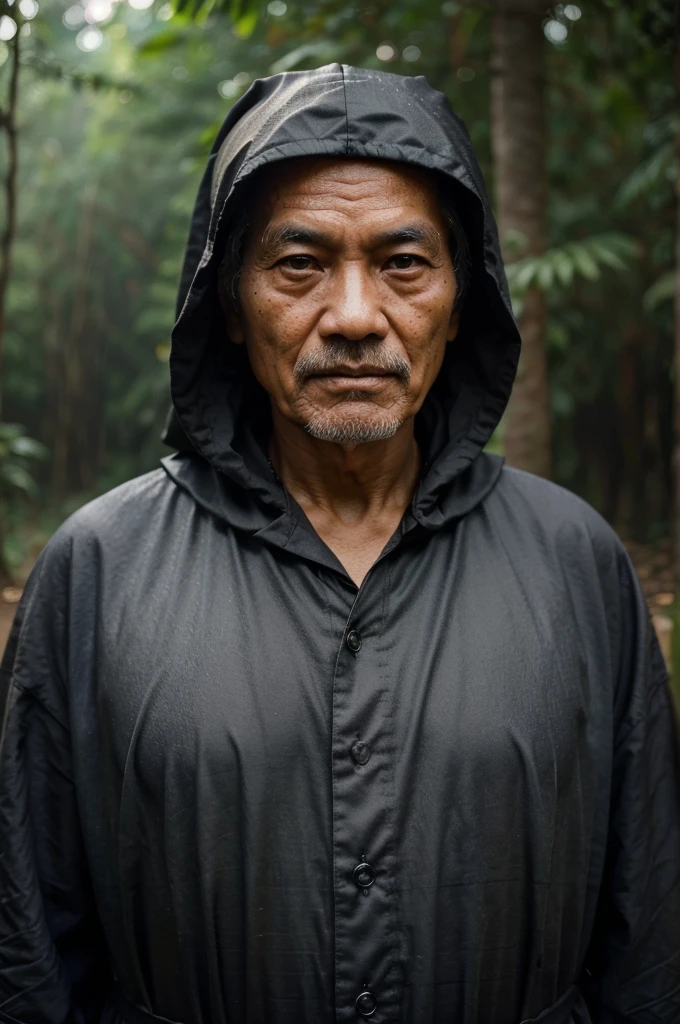 Portrait photography style, world masterpiece, super unique high professional digital art, film format, hyper-realism, color cinematography with ultra-fine details and quality, background is deep in the forest, an old man from indonesian, an old man with wisdom. He wears an old cloak and his eyes are kind and shrewd. His body is upright, his skin has been blackened and powerful by the sun and rain, and the wrinkles are fixed on the corners of his mouth and forehead, which makes it seem that his years have precipitated. Although wearing a dark gown, although simple in appearance, it exudes sublime wisdom and a sense of tenacity of strength.