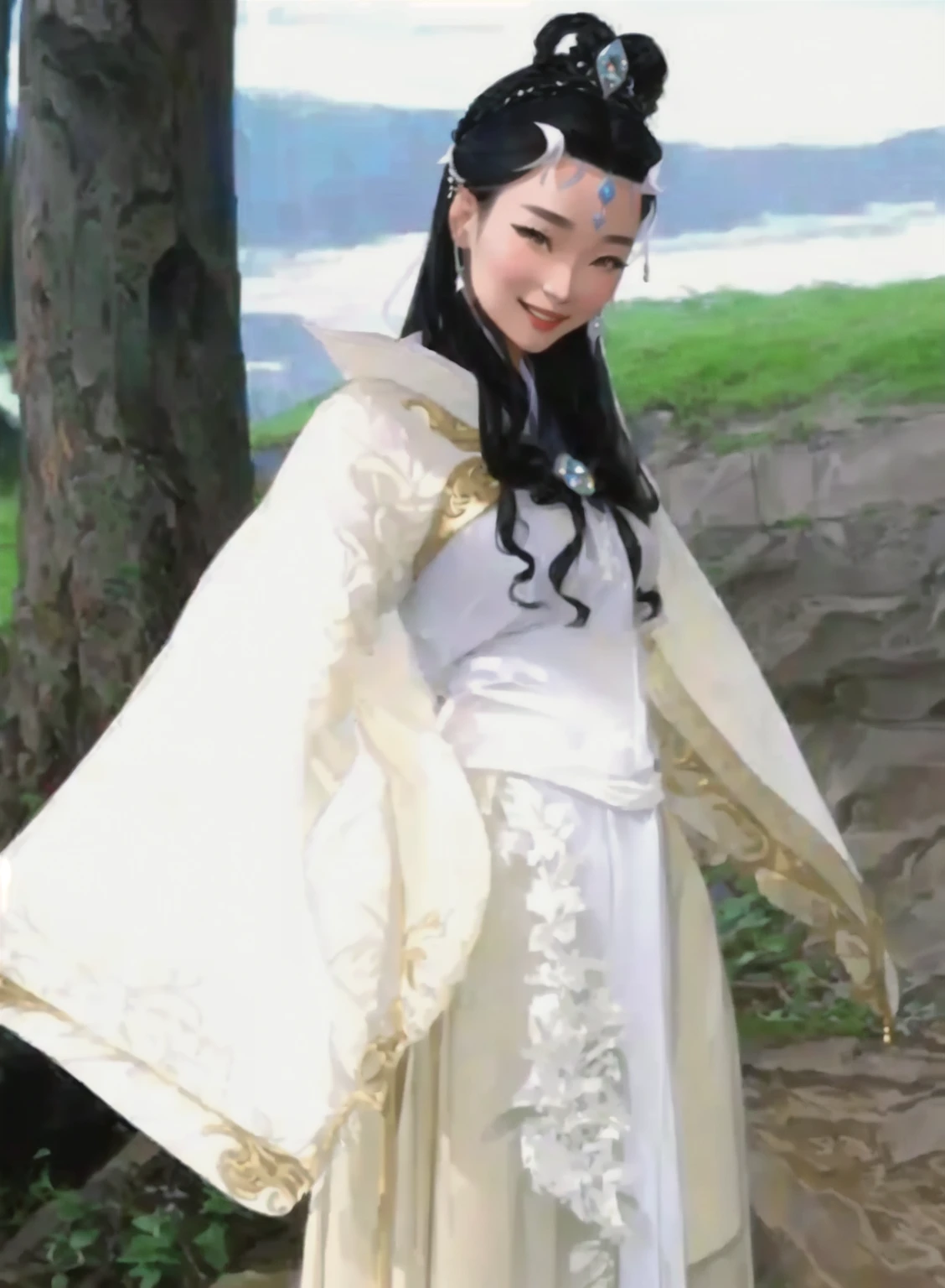 araffe in a white dress,Wearing a black headband, Hino Rei who plays the princess, Maggie Cheung, heise-lian yan fang, In costume, Smile like a fairy, Wearing a tattered white cloak,Journey to the West Little Dragon Girl,wukong,