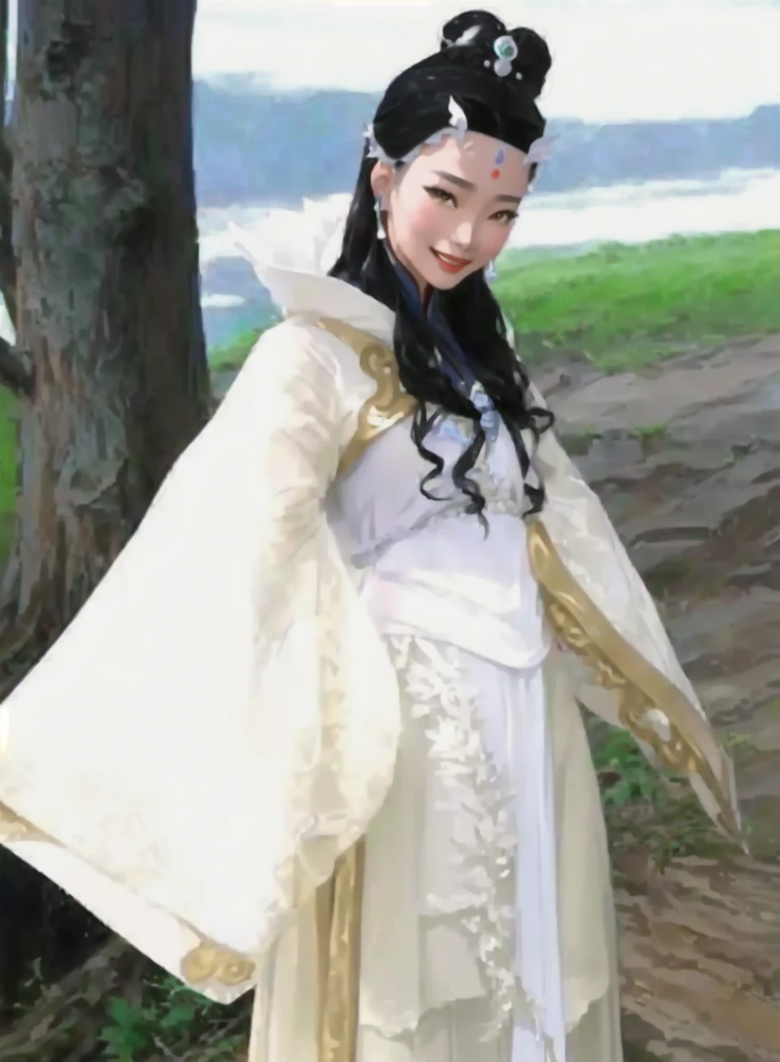 araffe in a white dress，Wearing a black headband, Hino Rei who plays the princess, Maggie Cheung, heise-lian yan fang, In costume, Smile like a fairy, Wearing a tattered white cloak,Journey to the West Little Dragon Girl，wukong，