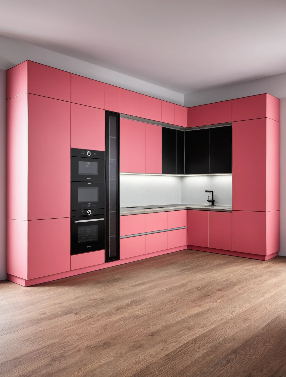 Raw photo,Masterpiece, high quality, best quality, authentic, super detail, interior , sunset, daylight, Kitchen Cabinets style modern, Induction cooker, sink, faucet, oven, built-in microwave, wooden floor, hood, wine cabinet, ((black and pink tones))