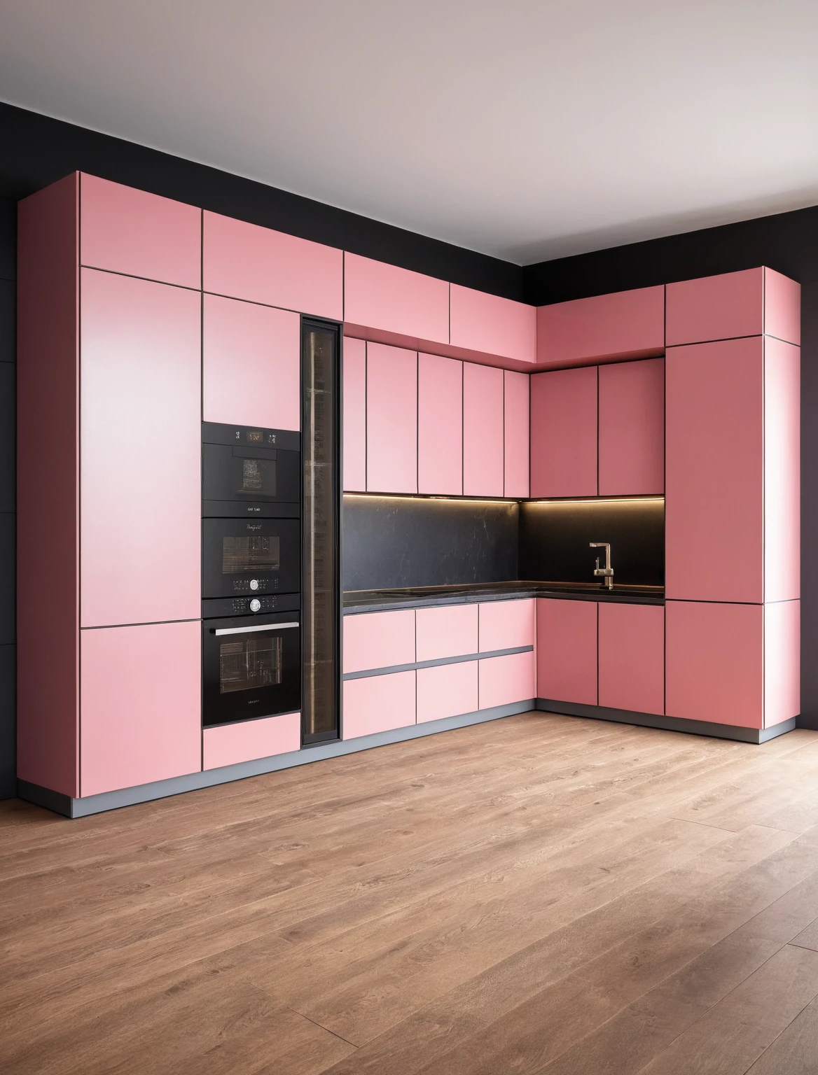 Raw photo,Masterpiece, high quality, best quality, authentic, super detail, interior , sunset, daylight, Kitchen Cabinets style modern, Induction cooker, sink, faucet, oven, built-in microwave, wooden floor, hood, wine cabinet, ((black and pink tones))