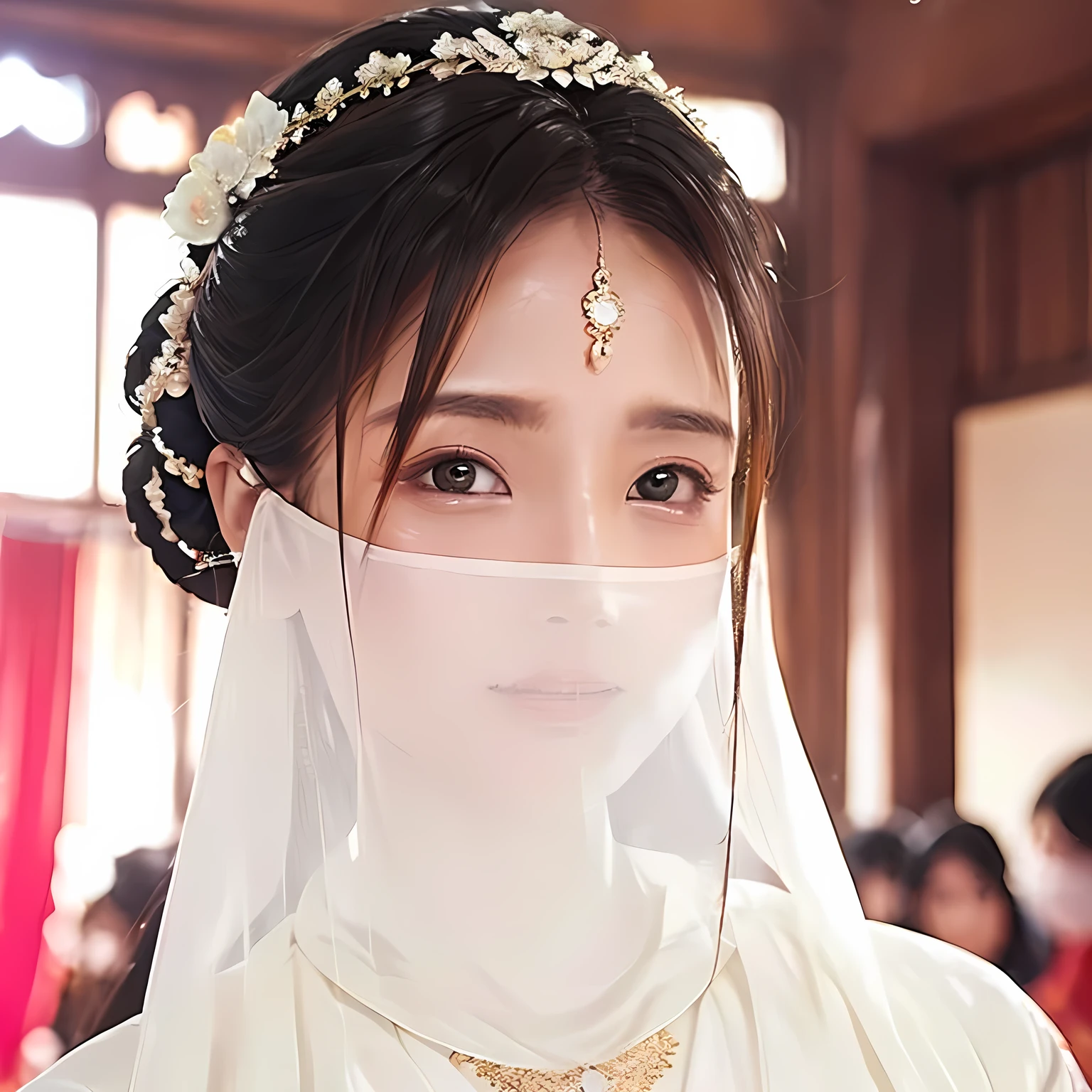 Head close-up（（（Eyes are very fragile）））（（（Hair accessories）））（（（veil））），necklace，Wearing a white transparent sexy silk dress， ((Radiant skin))The room is filled with Lunar New Year decorations（（（masterpiece）））， （（best quality））， （（Intricate details））， （（Surreal））（8K）