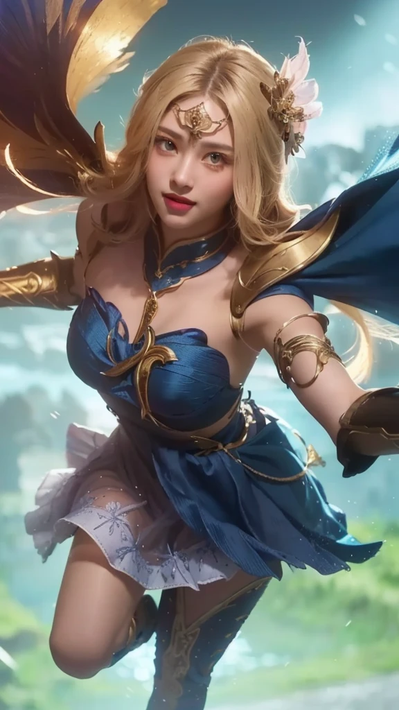 a young girl in a blue dress, holding a sword and a blue ball, beautiful detailed eyes, beautiful detailed lips, extremely detailed face, long eyelashes, smile, realistic, photorealistic, 8k, highres, masterpiece, ultra-detailed, (best quality:1.2), (realistic:1.37), cinematic lighting, fantasy, dramatic, epic, intricate details, cinematic, fantasy art style, vibrant colors, glowing blue energy