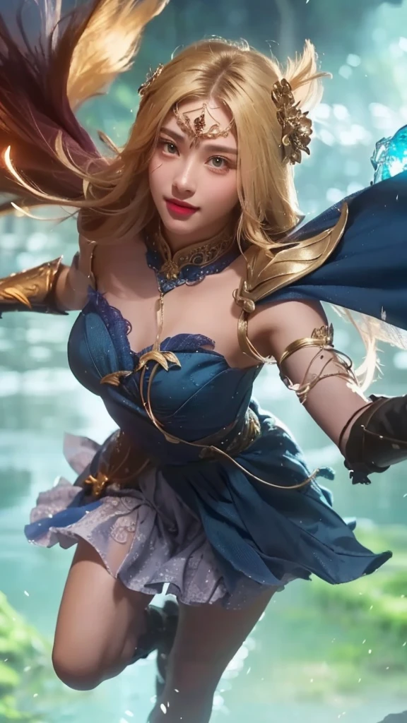 a young girl in a blue dress, holding a sword and a blue ball, beautiful detailed eyes, beautiful detailed lips, extremely detailed face, long eyelashes, smile, realistic, photorealistic, 8k, highres, masterpiece, ultra-detailed, (best quality:1.2), (realistic:1.37), cinematic lighting, fantasy, dramatic, epic, intricate details, cinematic, fantasy art style, vibrant colors, glowing blue energy