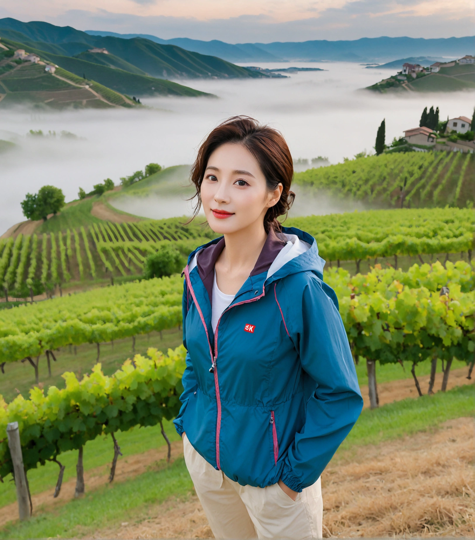 8k best picture quality, Beautiful 36-year-old Korean woman, You have good skin and big and pretty eyes.... Chest size 34 inches, italian countryside, Passing the grapevine, A river can be seen in the distance through thick fog...., The background is realistic and vivid quality...., Short and medium hair blowing in the wind, Wear a high-end, luxury windbreaker over your t-shirt.. beige casual pants, i am smiling. Standing on a hill overlooking a misty vineyard. the background is clear, Short and slim Korean woman, stand far away, Full body photo taken with Canon Mark 5 camera 16-35 wide angle lens, A woman with big and pretty eyes, eyes are round and big. Taken while standing on a vineyard hill overlooking the river
