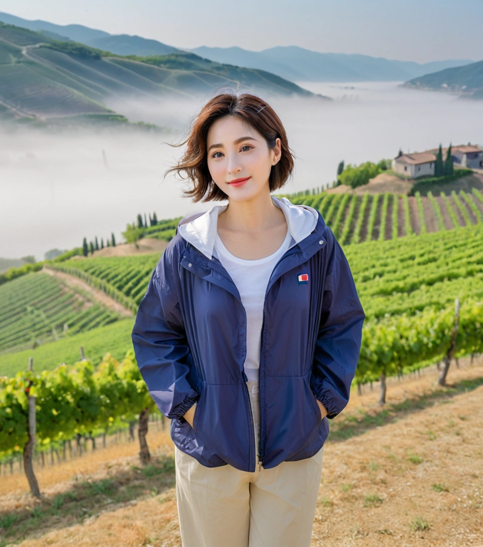 8k best picture quality, Beautiful 36-year-old Korean woman, You have good skin and big and pretty eyes.... Chest size 34 inches, italian countryside, Passing the grapevine, A river can be seen in the distance through thick fog...., The background is realistic and vivid quality...., Short and medium hair blowing in the wind, Wear a high-end, luxury windbreaker over your t-shirt.. beige casual pants, i am smiling. Standing on a hill overlooking a misty vineyard. the background is clear, Short and slim Korean woman, stand far away, Full body photo taken with Canon Mark 5 camera 16-35 wide angle lens, A woman with big and pretty eyes, eyes are round and big. Taken while standing on a vineyard hill overlooking the river