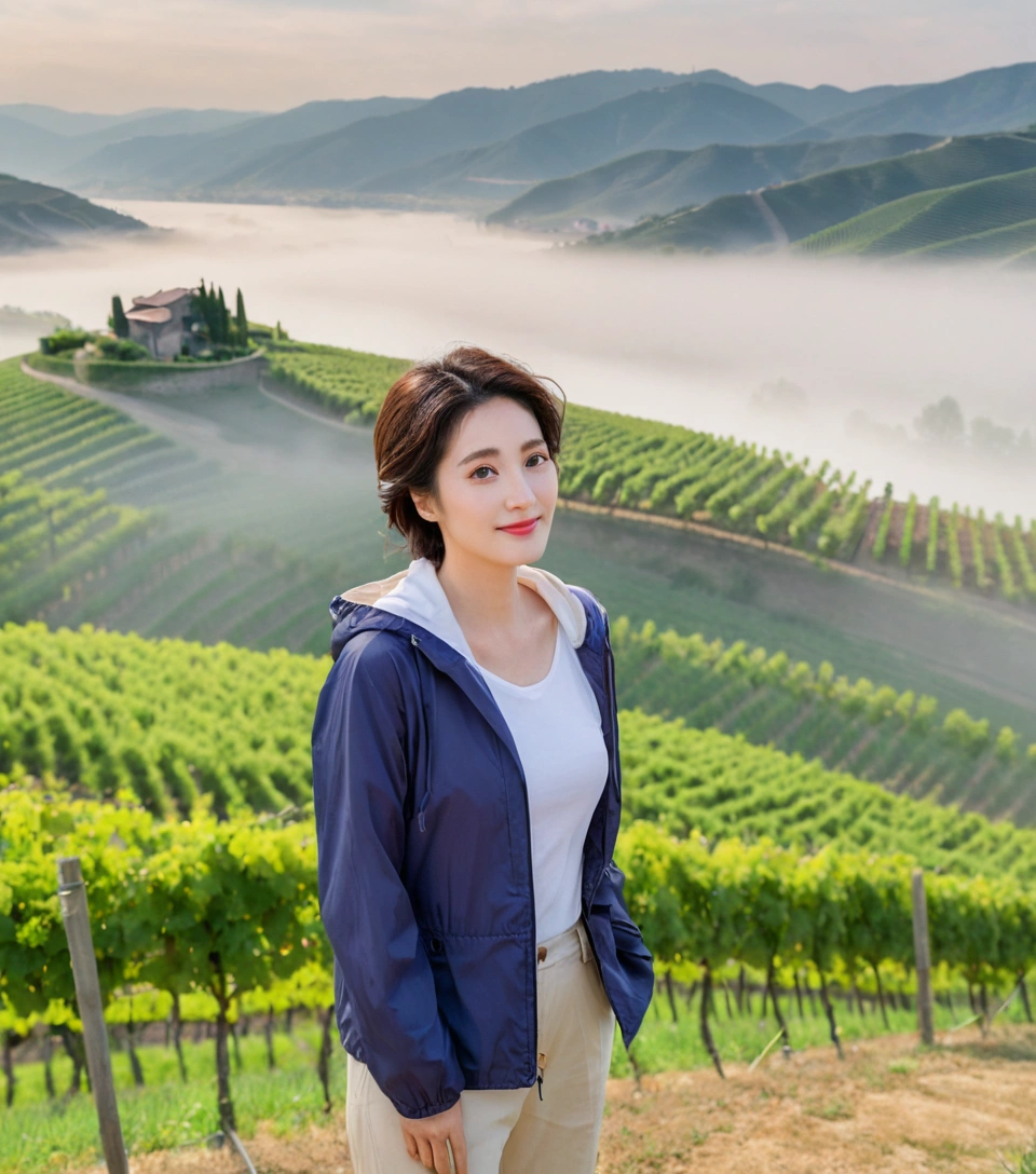 8k best picture quality, Beautiful 36-year-old Korean woman, You have good skin and big and pretty eyes.... Chest size 34 inches, italian countryside, Passing the grapevine, A river can be seen in the distance through thick fog...., The background is realistic and vivid quality...., Short and medium hair blowing in the wind, Wear a high-end, luxury windbreaker over your t-shirt.. beige casual pants, i am smiling. Standing on a hill overlooking a misty vineyard. the background is clear, Short and slim Korean woman, stand far away, Full body photo taken with Canon Mark 5 camera 16-35 wide angle lens, A woman with big and pretty eyes, eyes are round and big. Taken while standing on a vineyard hill overlooking the river