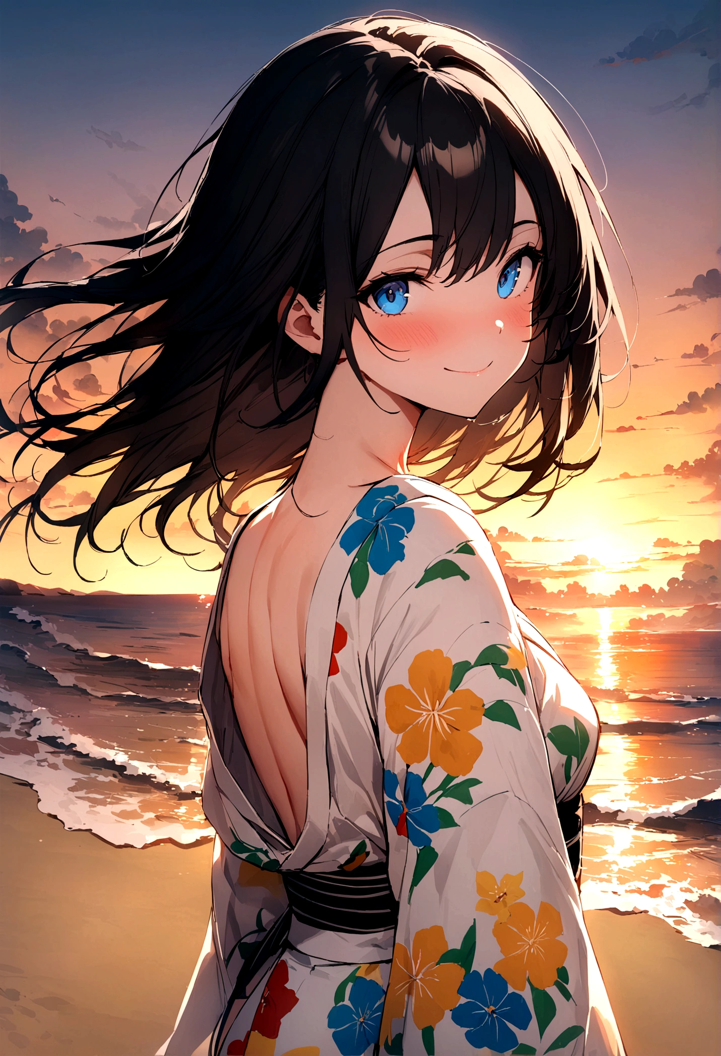 masterpiece, best quality, Summer Kimono,Light-colored kimono，White-headed flower，Flowering, Blue Eyes，Smile, A gentle breeze blows through the hair, Black hair，dusk，Sunset，（Back），Beach