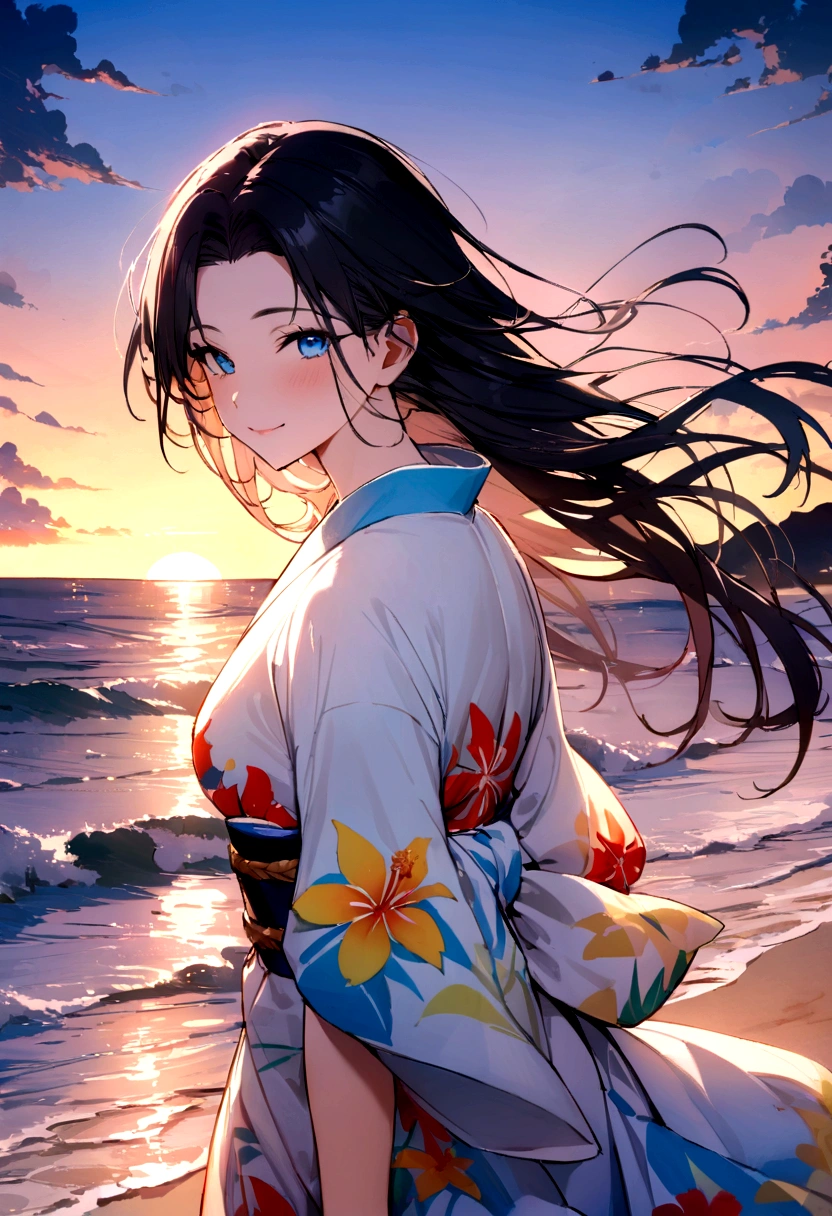 masterpiece, best quality, Summer Kimono,Light-colored kimono，White-headed flower，Flowering, Blue Eyes，Smile, A gentle breeze blows through the hair, Black hair，dusk，Sunset，（Back），Beach