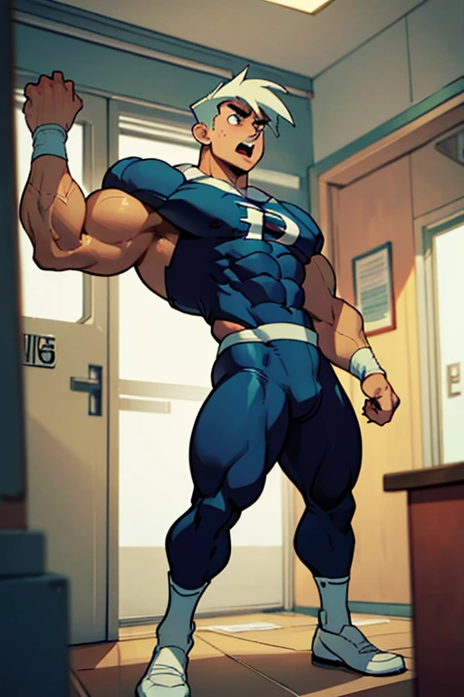 (Masterpiece) (Hyper muscular) (3 boys) Danny Phantom, ghost, hypnosis, jock, conversion, locker room hallway, hyper muscles, jockstrap, bro, meathead, hypnotized, brainwashed, brainwashing, big dumb jock, football. Glowing eyes. Hyper crotch bulge. Massive bulging crotch. Big balls. Big biceps. Big triceps. Big traps. Broad shoulders. Big meaty pecs. Big thighs. Thick glutes. Hyper muscles. crew cut. Football team assimilation. Clothes turning into a football uniform. Danny Fenton shoving a person inside an open locker. Danny Fenton turning into Dash Baxter's football jock lackey. Dash whispering in Danny Fenton's ear. Danny Fenton obeying Dash Baxter as Dash Baxter says, "Don't worry, Fenton. You'll like being on my team. Now shove that nerd into the locker like a good jock. You know you want to...." Dumber. IQ drain. Danny responds as he continues to shove the person into the open locker, "Yes, Dash.... Want to ... because I am a jock...." Open mouth. Blank stare. digital painting. Very detailed.