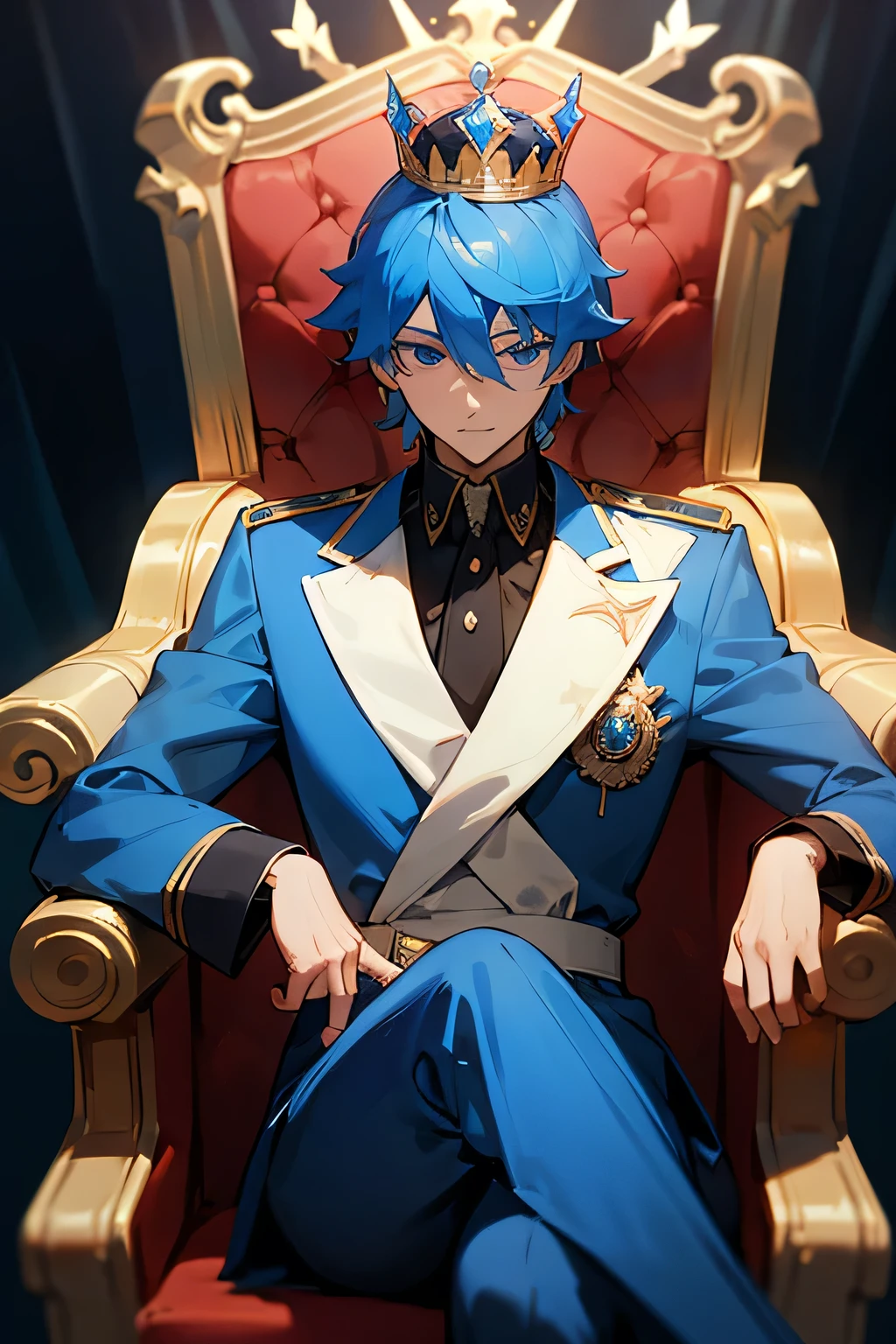 A man with blue eyes, a crown on his head, wearing a blue suit with a rank on his shoulder, sitting on a throne.