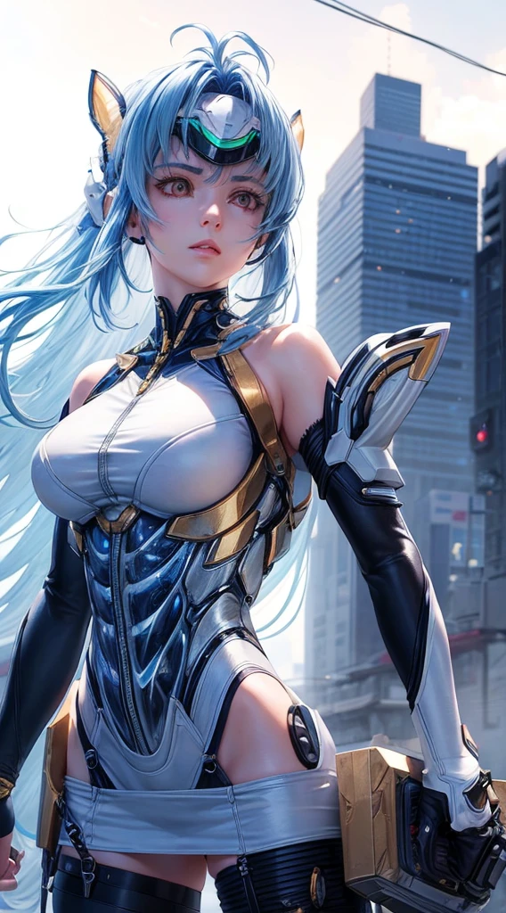 top-quality、masterpiece、超A high resolution、(Photorealsitic:1.4)、女の子1人、Light blue hair、Straight hair, shiny and clean hair、White shiny skin、Sexy Cyberpunk Girl、((super realistic details))、Shadow、octan render、ultrasharp、hyperdetailed face、Fiberglass、Luminous tube、highly intricate detail、Realistic light、CGSoation Trends、((Golden Eyes))、(Facing the camera)、neon detailechanical limbechanical vertebrae attached to the back、mechanical cervical attaching to neck、Wires and cables connecting to the head、((valkyrie))、((Beam Cannon))、Combat stance