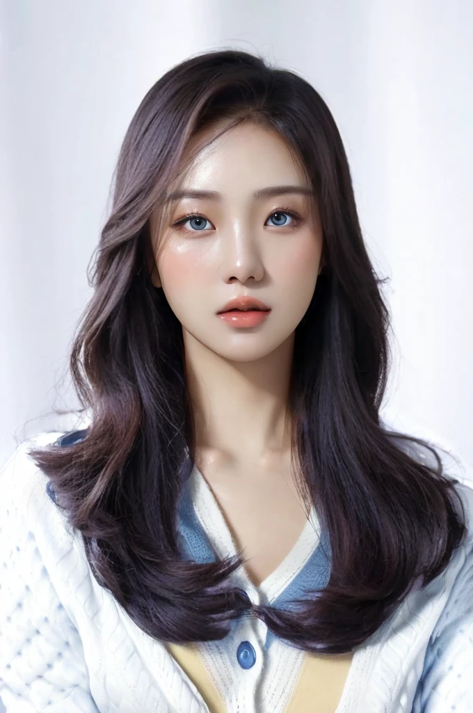 Best Quality, 8k, Masterpiece, (Portrait: 1.3), (photo realistic:1.8), (hyper realistic:1.7), Sharp Focus, looking at viewer, (smoother lighting:1.0), (increase cinematic lighting quality:0.9), realistic lighting, backlighting, light on face, ray trace, (brightening light:1.4), (Increase quality:1.4), sharp detail, (best quality real texture skin:1.7), finely detailed eyes, black_eyes, finely detailed face, 27 year old Korean woman, (white blue cardigan:1.4), (Create an image maintaining the original base model hairstyle:1.5), not AI, like reality human