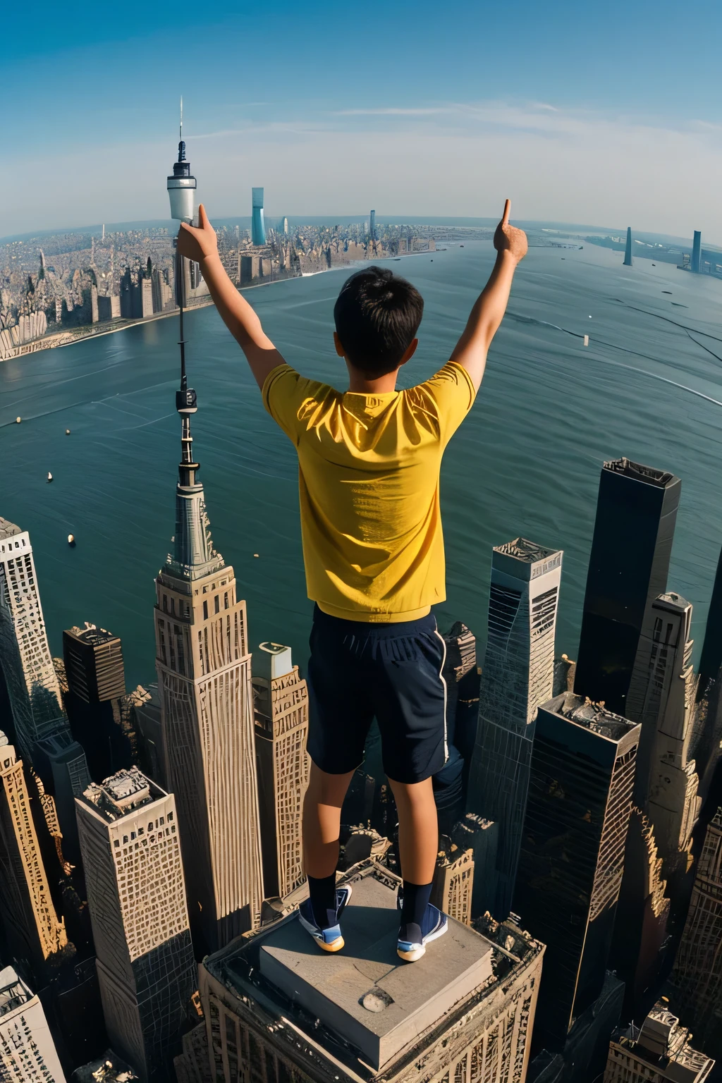 create a standing at the very edge of the highest skyscraper while he is throwing arms back, background is the new york city with a beautiful sight, the view should take from very above, helicopter shot, landscape. 8k,wallpaper of extremely detailed CG unit, masterpiece,hight resolution,top-quality,top-quality real texture skin,hyper realisitic,increase the resolution,RAW photos,best qualtiy,highly detailed,cinematic,golden ratio