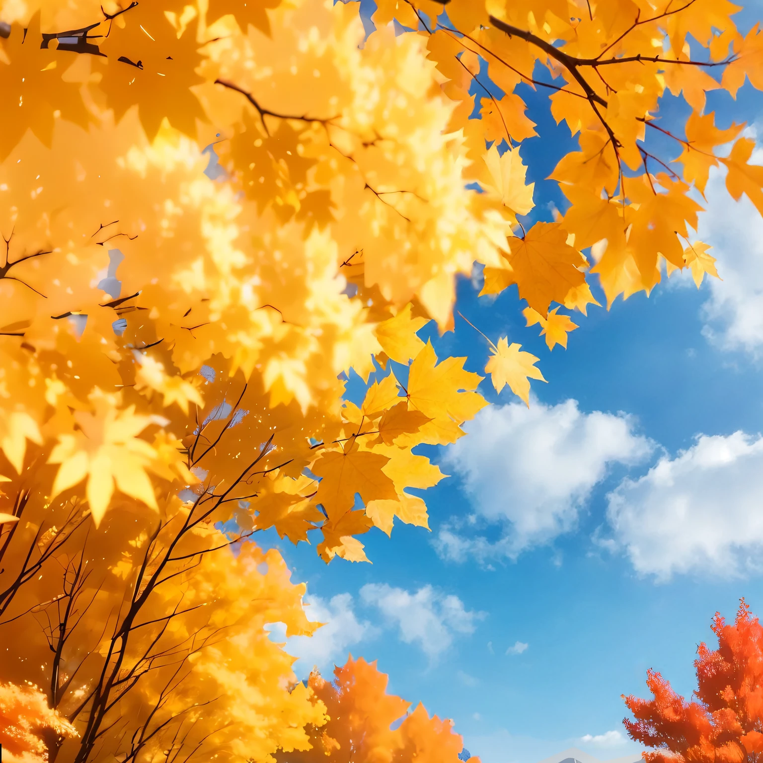 (Highest quality, High resolution), Landscape of autumn leaves.Vibrant colors,Low - Angle,
(Deep autumn sky:1.3),Soft and natural lighting.Autumn leaves background, Vibrant colorsの葉, The golden leaves gently fall, wood々Warm sunlight shining in from between, Peaceful and calm atmosphere, Soft rays of light illuminating the scene, The sound of rustling leaves, Fresh, cool air, A carpet of fallen leaves on the ground, Quiet and picturesque setting, Natural beauty in full bloom,
