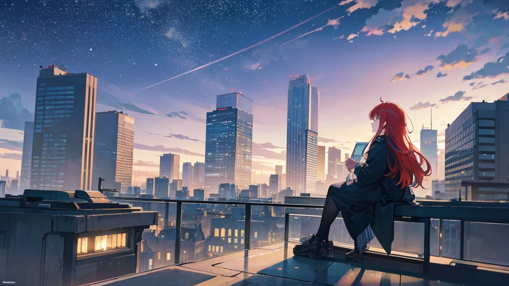 Create a detailed illustration of a vast urban landscape with numerous buildings, focusing on a nighttime city. In the distance, on the rooftop of one of the buildings, there should be a girl with very long red hair playing the piano. The cityscape features a mix of architectural styles, with tall skyscrapers and smaller buildings creating a dynamic skyline. The atmosphere is serene and slightly melancholic, with the city illuminated by soft lights from the buildings' windows and streetlights. The girl on a rooftop in the distance should be clearly visible, playing a grand piano under the glow of the city lights. A few birds can be seen flying in the sky. There are small parks and green spaces interspersed among the buildings, providing a touch of nature within the urban environment. The sky is filled with stars, adding to the tranquil atmosphere of the scene. The image should convey a moment of peace in the midst of a chaotic and difficult day.