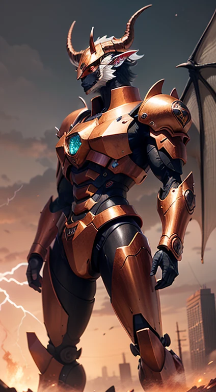 dragon, copper, Horned crown, There are huge wings on the back, spit out electricity from the mouth, Mecha