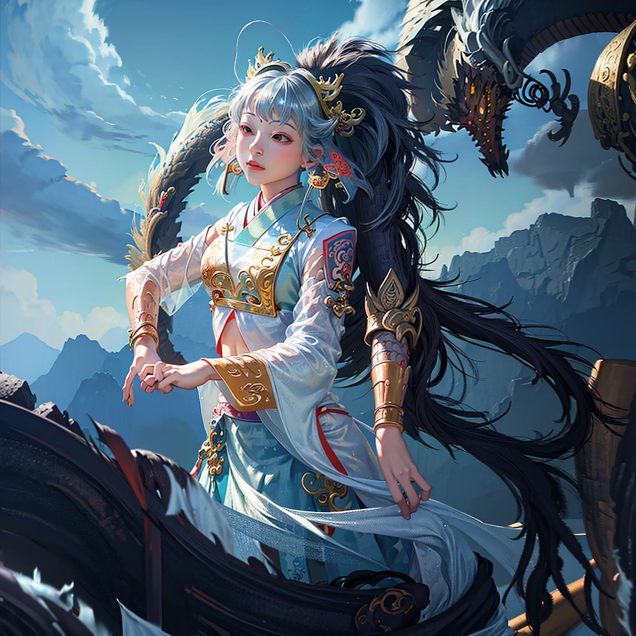 Official Art, Unified 8K Wallpapers, Ultra Detailed, Beautiful and Aesthetic, Masterpiece, Best Quality, (Zentangle, Tangle, Entangle), (fractal art: 1.4), 1girl, black hair, Chinese, bare shoulders, short skirt, calf, navel, very detailed, dynamic angle, cowboyshot, (most beautiful form chaos), flowing, (bright colors), oc, (half: 1.2), china, (thangka flying sky: 1.5), (ribbon: 1.3), (dream: 1.5), (hanfu: 1.5), Chinese dragon, Chinese phoenix, (smile: 0.5), (Chinese deity),