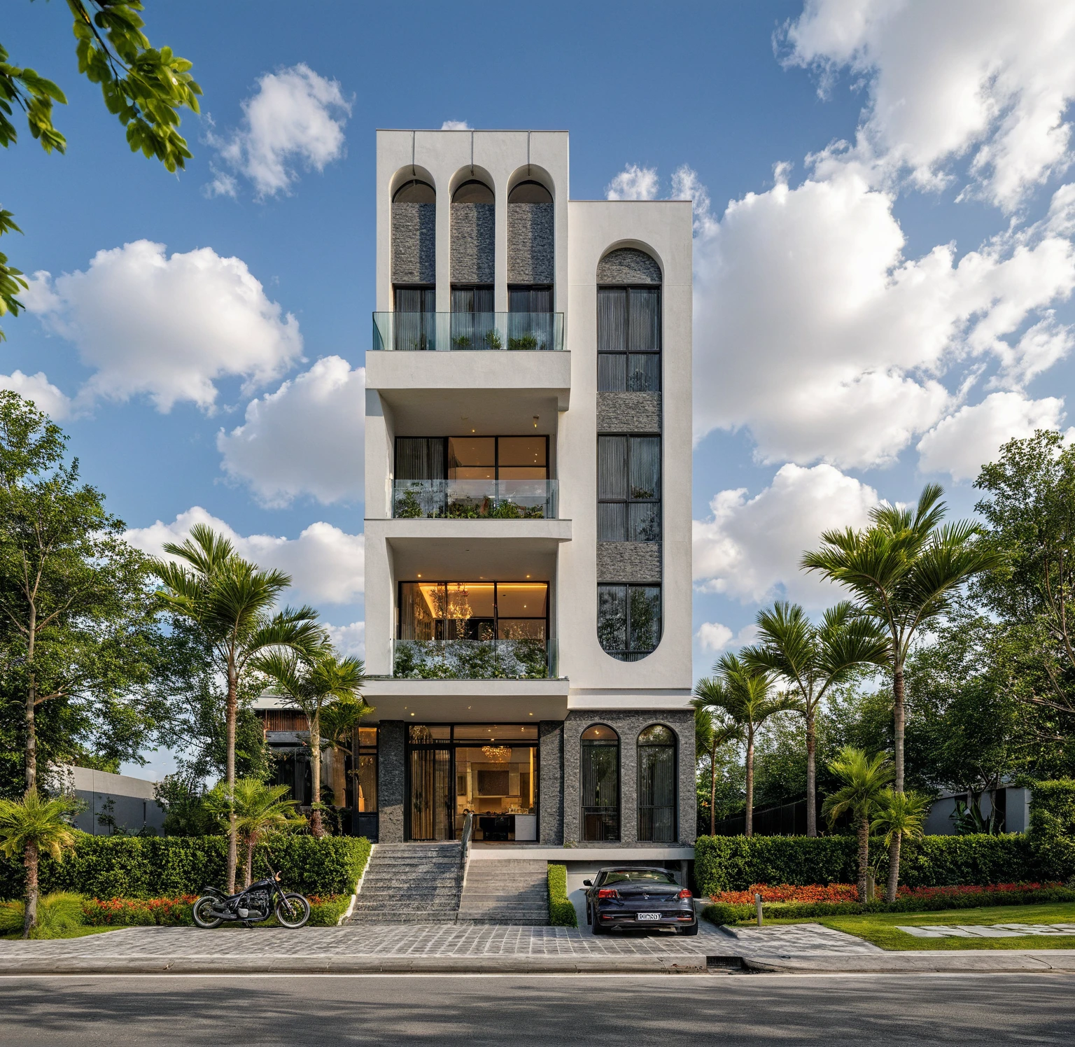 Masterpiece, high quality, best quality, authentic, super detail, outdoors, onestoreyofficeXL, aiaigroup, villa style modern on the garden ,stairs, white wall , road,pavement, grass, trees, sky, cloud, (daylight:1.1), random style color exterior

