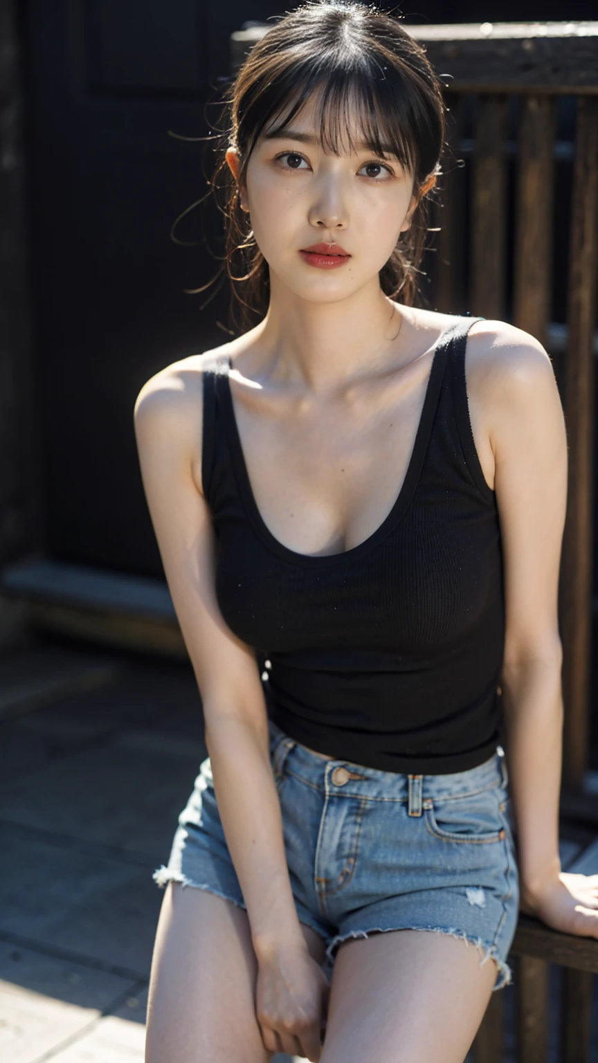 ((1girl)), woman, masterpiece, best quality, highest quality, cinematic lighting, (volumetric lighting), extremely detailed CG unity 8k wallpaper, focused, 8k wallpaper, extremely detailed, ultra realistic, photorealistic, sharp focus, absurdres, (HDR:1.2), (high contrast), photograph, detailed and intricate, instagram, portrait, highly detailed, digital painting, artstation, concept art, smooth, sharp focus, illustration, cinematic lighting, (big breast:1.3), (((skinny, slim legs))), (japanese idol posture), (knit strap tanktop, short pants, cleavage), looking at the viewer, (I don't see arms)), ((Standing)), ((Medium body shot, hip level shot))