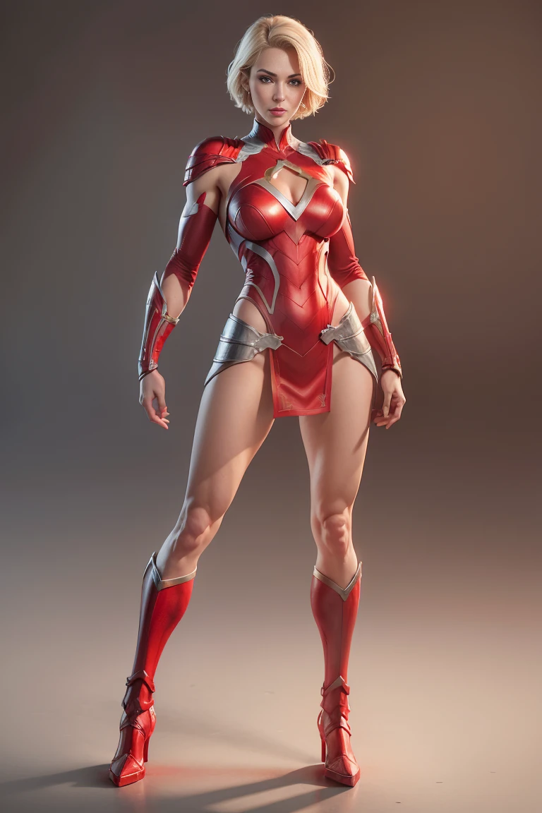 full body woman, blonde short hair, blue eyes, red mouth tall muscular body. Red outfit. Warrior/superhero. standing straight, octane render photorealistic. Cutesy face. Wholesome expression. White background