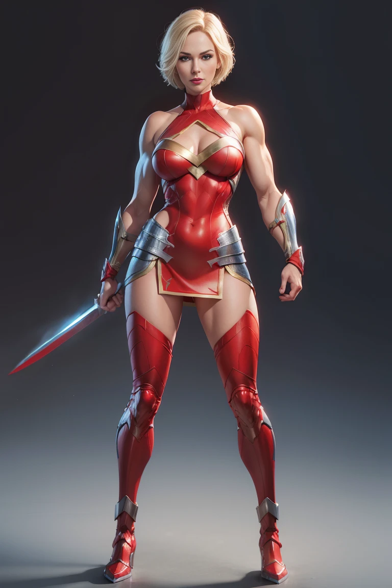 full body woman, blonde short hair, blue eyes, red mouth tall muscular body. Red outfit. Warrior/superhero. standing straight, octane render photorealistic. Cutesy face. Wholesome expression. White background