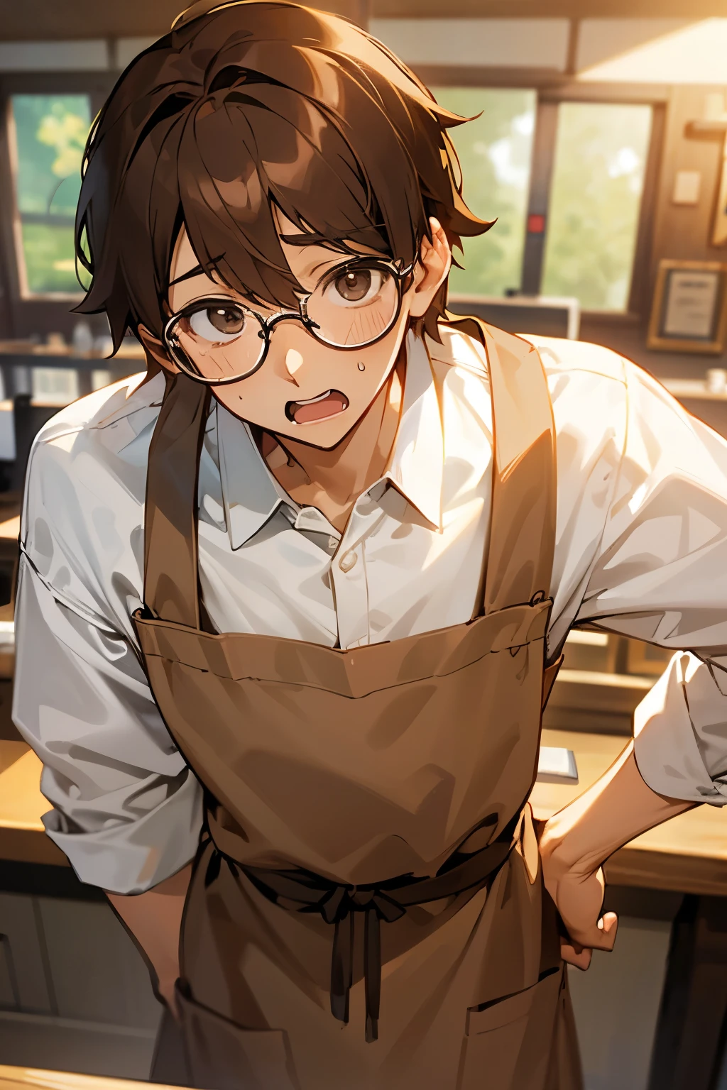 male、Are standing、Cafe staff、Brown Hair、Glasses、White shirt、Brown apron、Surprised face、Face close-up