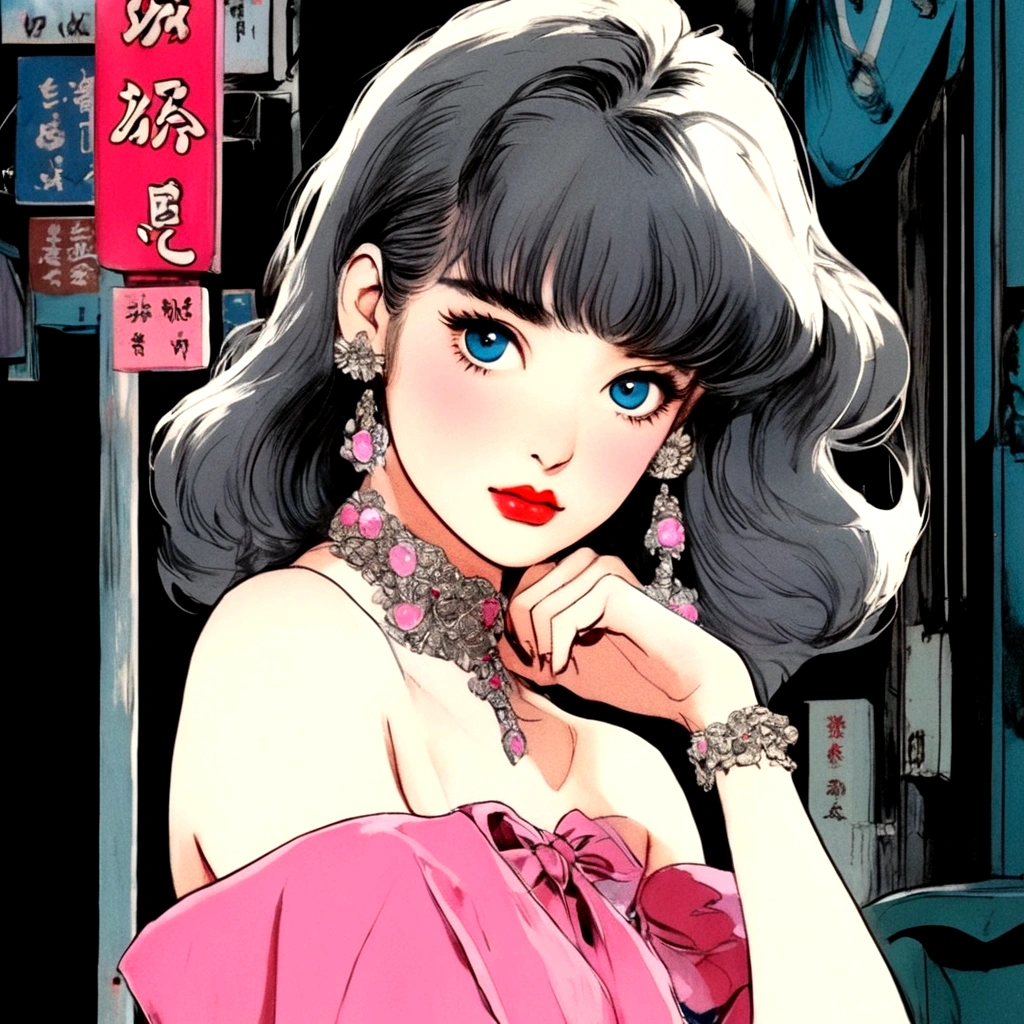 A retro girl（Cute:1.3 points）,（Eighties:1.4 points）,（Retro Hong Kong style:1.3 points），Vintage pictorial，Showa manga，1990s animation style，Vintage jewelry，Black long hair，earrings，necklace，Blue Eyes，Bow，Bust，clavicle，Pink lips，Off-shoulder tops，黑色necklace，Bangs，Simple background，（Gray tone：1.2）