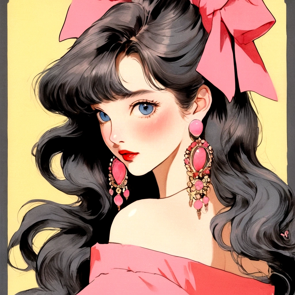 A retro girl(Cute:1.3 points),(Eighties:1.4 points),(Retro Hong Kong style:1.3 points),Vintage pictorial,Showa manga,1990s animation style,Vintage jewelry,Black long hair,earrings,necklace,Blue Eyes,Bow,Bust,clavicle,Pink lips,Off-shoulder tops,黑色necklace,Bangs,Simple background,(Gray tone:1.2)