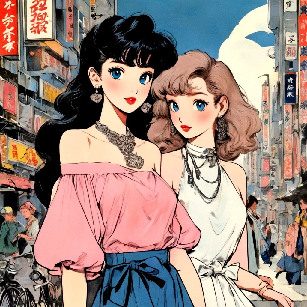 A retro girl（Cute:1.3 points）,（Eighties:1.4 points）,（Retro Hong Kong style:1.3 points），Vintage pictorial，Showa manga，1990s animation style，Vintage jewelry，Black long hair，earrings，necklace，Blue Eyes，Bow，Bust，clavicle，Pink lips，Off-shoulder tops，黑色necklace，Bangs，Simple background，（Gray tone：1.2）