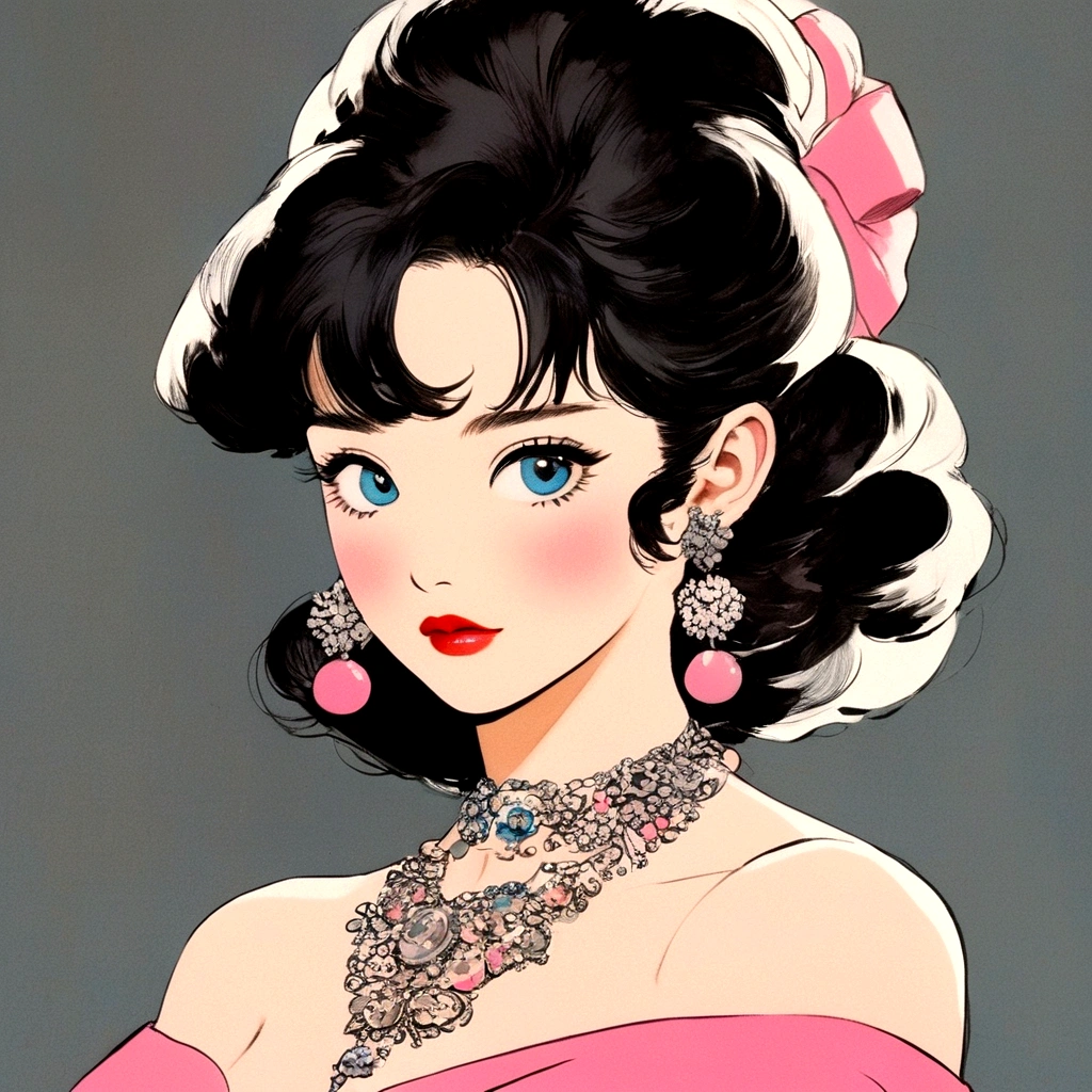 A retro girl（Cute:1.3 points）,（Eighties:1.4 points）,（Retro Hong Kong style:1.3 points），Vintage pictorial，Showa manga，1990s animation style，Vintage jewelry，Black long hair，earrings，necklace，Blue Eyes，Bow，Bust，clavicle，Pink lips，Off-shoulder tops，黑色necklace，Bangs，Simple background，（Gray tone：1.2）