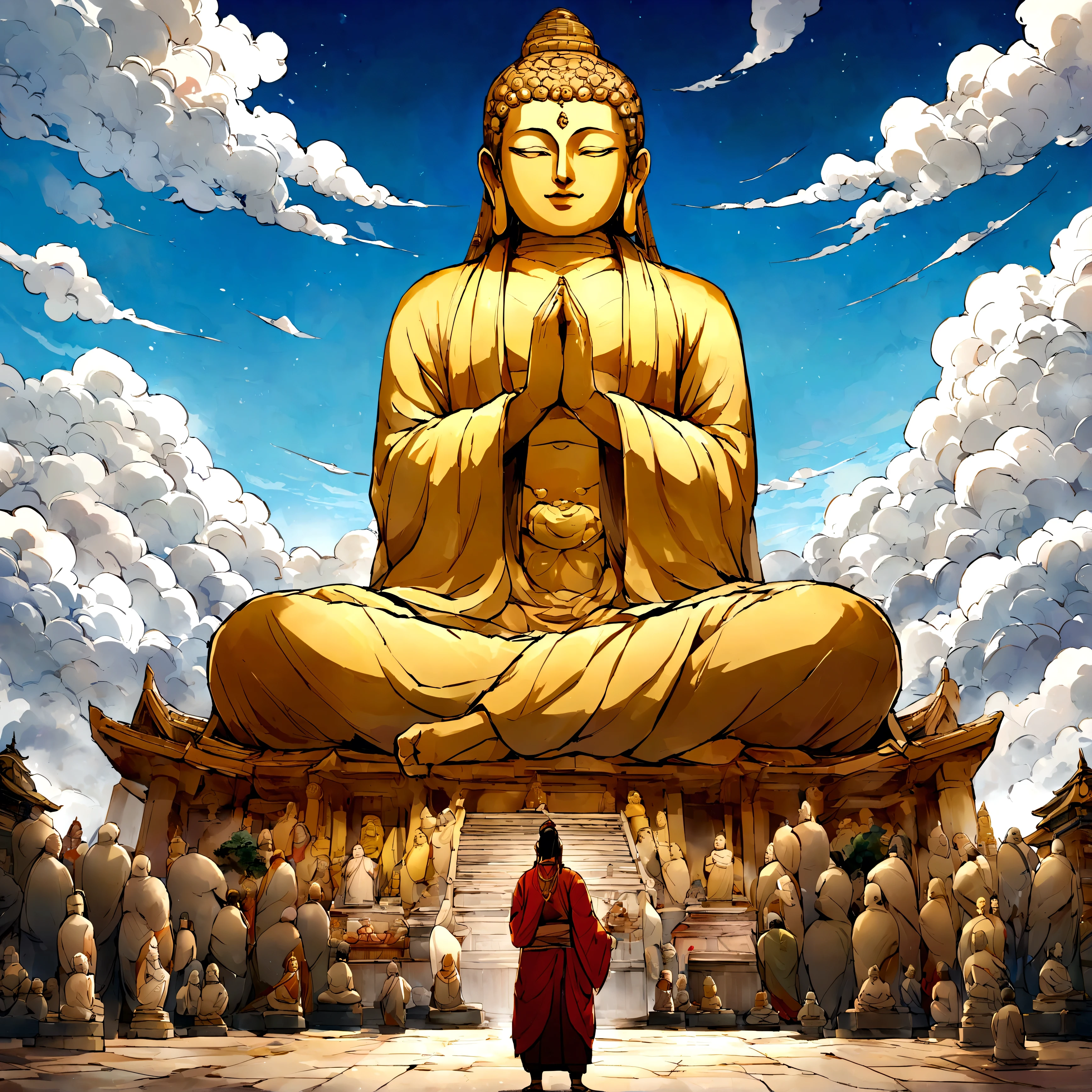 arafed man standing in front of a large statue of a buddha, omar shanti himalaya tibet, inspired by Kailash Chandra Meher, asuras giant yaksha statues, in front of the temple, guardian of the holy lake, in front of a temple, temple in the background, 3 4 5 3 1, standing gracefully upon a lotus, buddhism