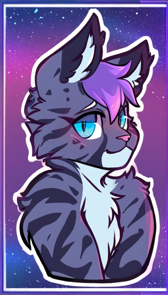 adult, feline, mammal, anthro, anthromorphic, cat, striped, fur, furred_anthro, femboy, male, dark_blue, ear_tufts, paws, hair_tuft, hair_between_eyes, long_tail, fluffy, expressive_eyes, purple_hair, light, galaxy_fur, looking_at_viewer, light_blue_chest, shy, small_pupils, spotted_pattern, stripes, digital_art, high_resolution, high_res, background shy, head_visible, neck_visible, profile_picture, seductive_face, white_outline, angry_expression