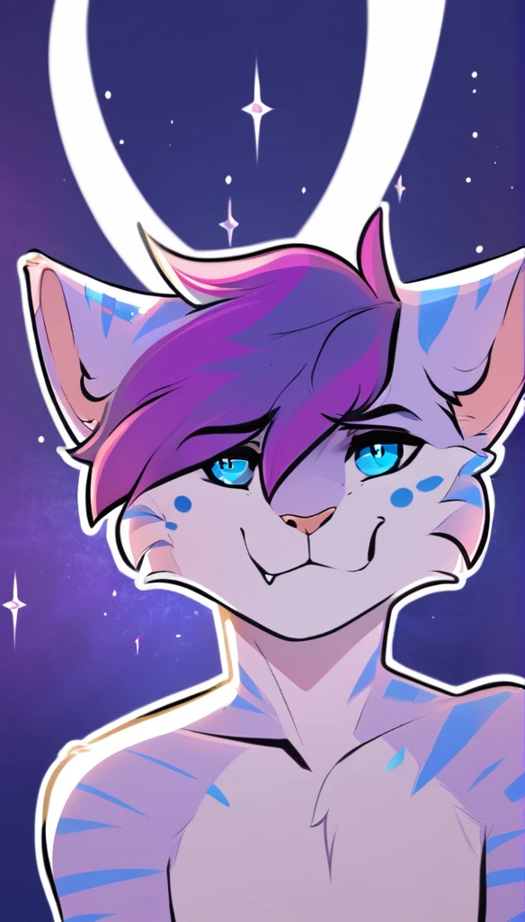 adult, feline, mammal, anthro, anthromorphic, cat, striped, fur, furred_anthro, femboy, male, dark_blue, ear_tufts, paws, hair_tuft, hair_between_eyes, long_tail, fluffy, expressive_eyes, purple_hair, light, galaxy_fur, looking_at_viewer, light_blue_chest, shy, small_pupils, spotted_pattern, stripes, digital_art, high_resolution, high_res, background shy, head_visible, neck_visible, profile_picture, seductive_face, white_outline, angry_expression