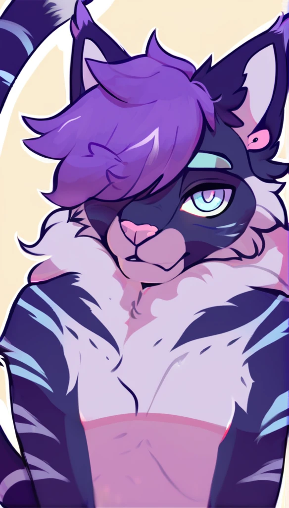 adult, feline, mammal, anthro, anthromorphic, cat, striped, fur, furred_anthro, femboy, male, dark_blue, ear_tufts, paws, hair_tuft, hair_between_eyes, long_tail, fluffy, expressive_eyes, purple_hair, light, galaxy_fur, looking_at_viewer, light_blue_chest, shy, small_pupils, spotted_pattern, stripes, digital_art, high_resolution, high_res, background shy, head_visible, neck_visible, profile_picture, seductive_face, white_outline, angry_expression
